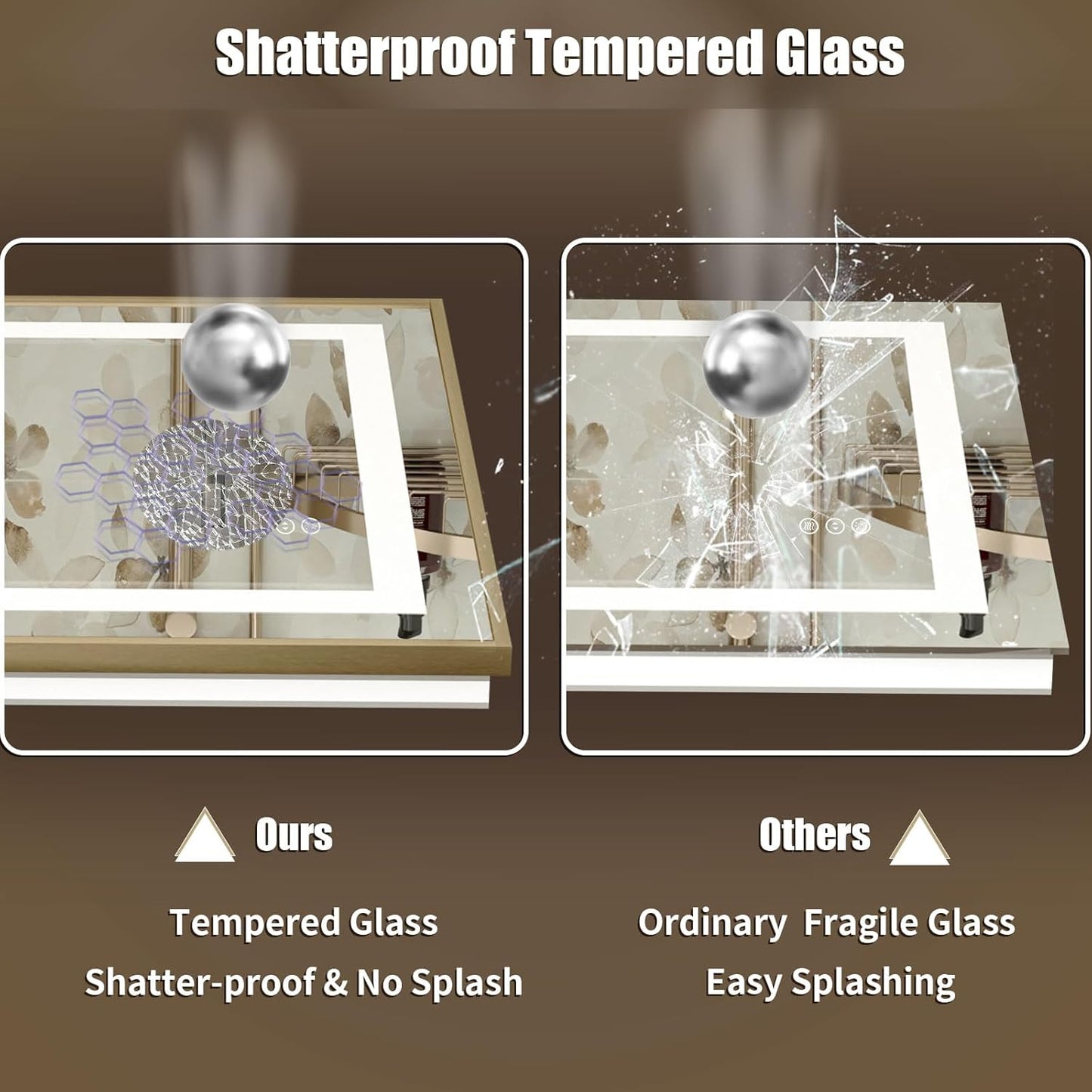 OKPAL 40x24 Gold LED Bathroom Mirror with Lights, Frontlit & Backlit Metal Framed Mirror, Lighted Bathroom Vanity Mirror, Anti-Fog, Dimmable 3 Colors, Shatterproof, Horizontal/Vertical