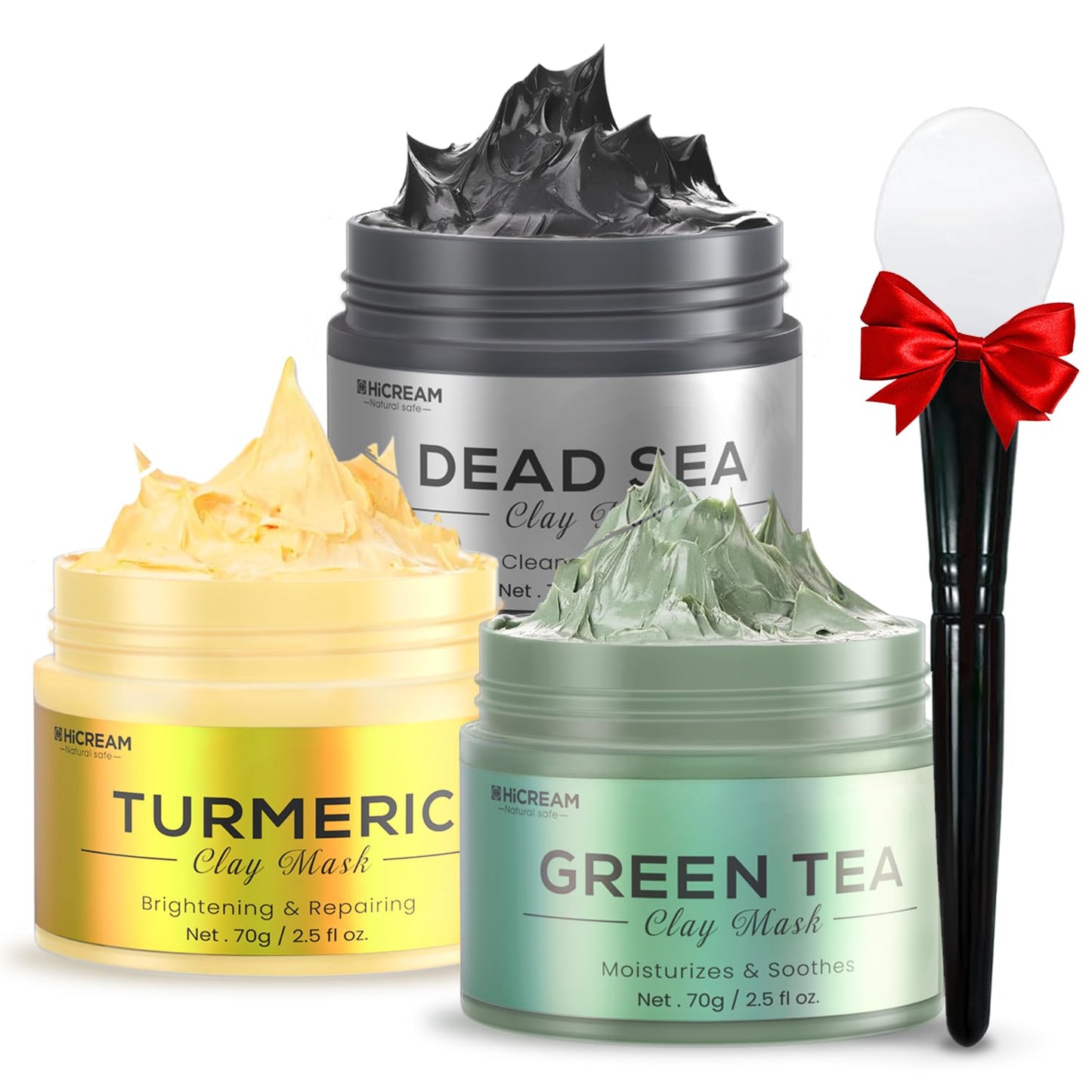 Turmeric Clay Mask, Green Tea, Dead Sea Minerals Mud Mask, Spa Facial Mask 3-Piece Set for Deep Cleansing, Moisturizing and Refining Pores, Vegan & Cruelty-Free, 7.5 fl.oz