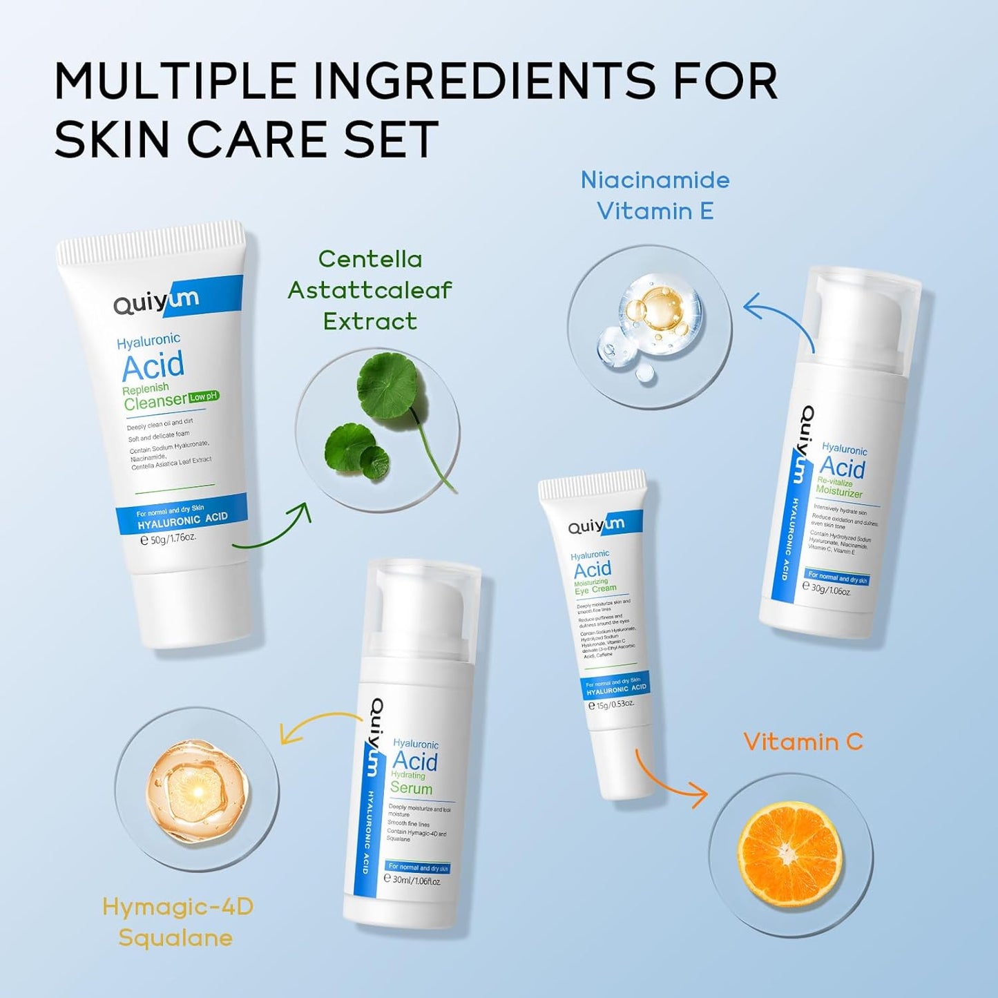 Skin Care Set, Hyaluronic Acid Travel Size Skincare Set W/ Low pH Cleanser, Moisturizer, Serum, Eye Cream, Toiletry Bag, Face Care Set Gift for Women Girls, Hydrating Anti Aging for Dry Skin