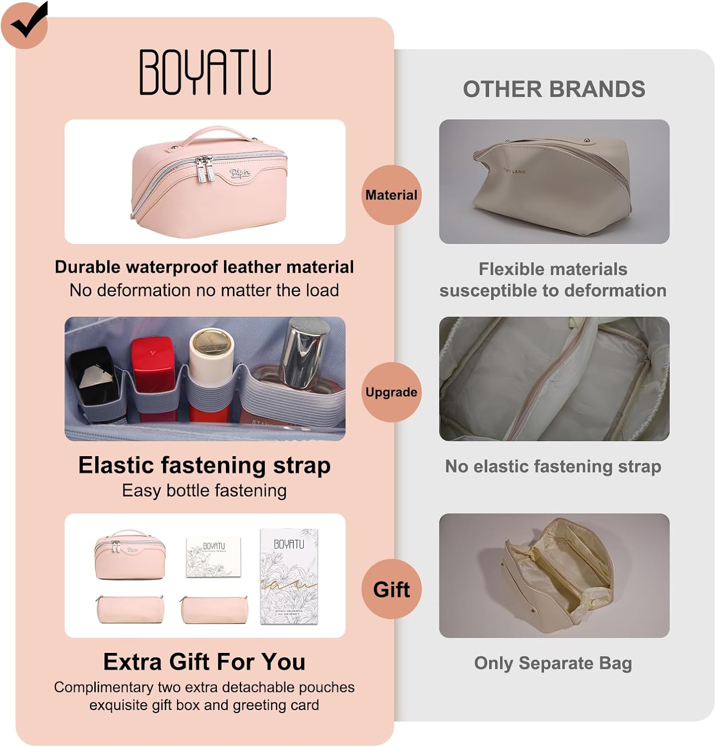 BOYATU Travel Makeup Bags for Women: Vegan Leather Cosmetic Bag Set of 3 - Large Capacity Make up Bag with Divider - Wide Open Waterproof Toiletry Organizer Bag with Handle (05-Pink)