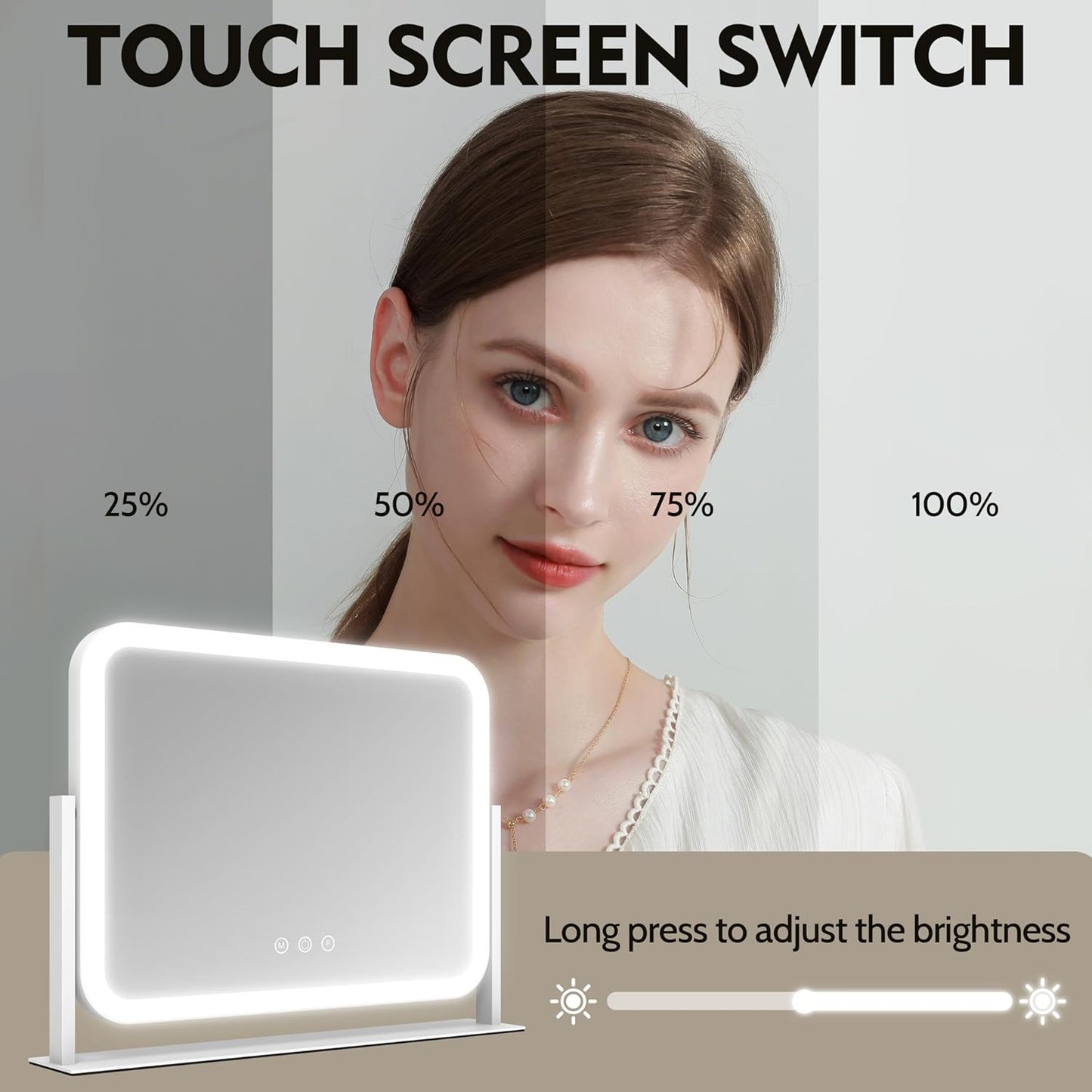 Lighted Makeup Mirror, 17"x13" Vanity Mirror with Lights and 10X Magnification, 3 Color Lighting Modes, Smart Touch Control, 360° Rotation for Bedroom or Tabletop (White)