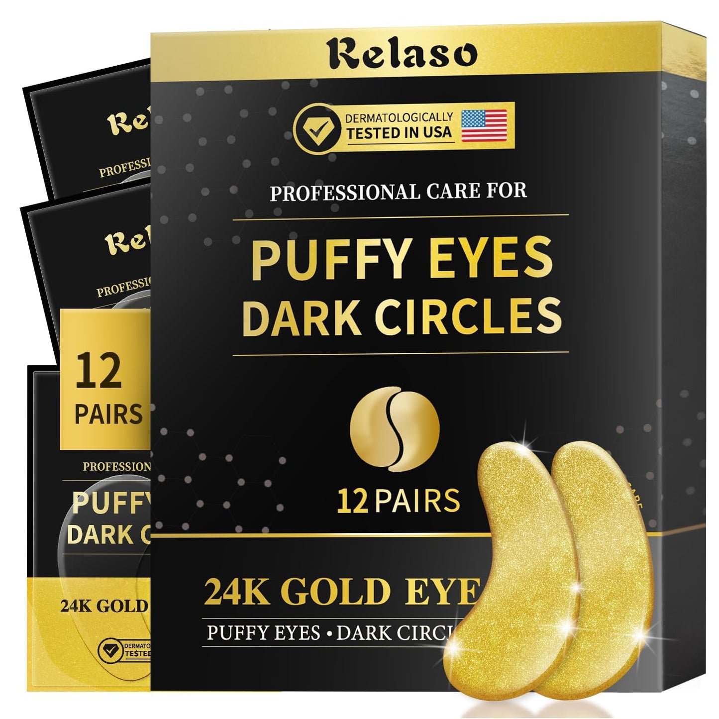 Under Eye Patches - 24K Gold Dermatology Eye Masks for Wrinkles & Puffiness, Enriched with Collagen, Diminish Dark Circles - Anti-Aging, Smooth Fine Line, Nourish Skin - 12 Pairs