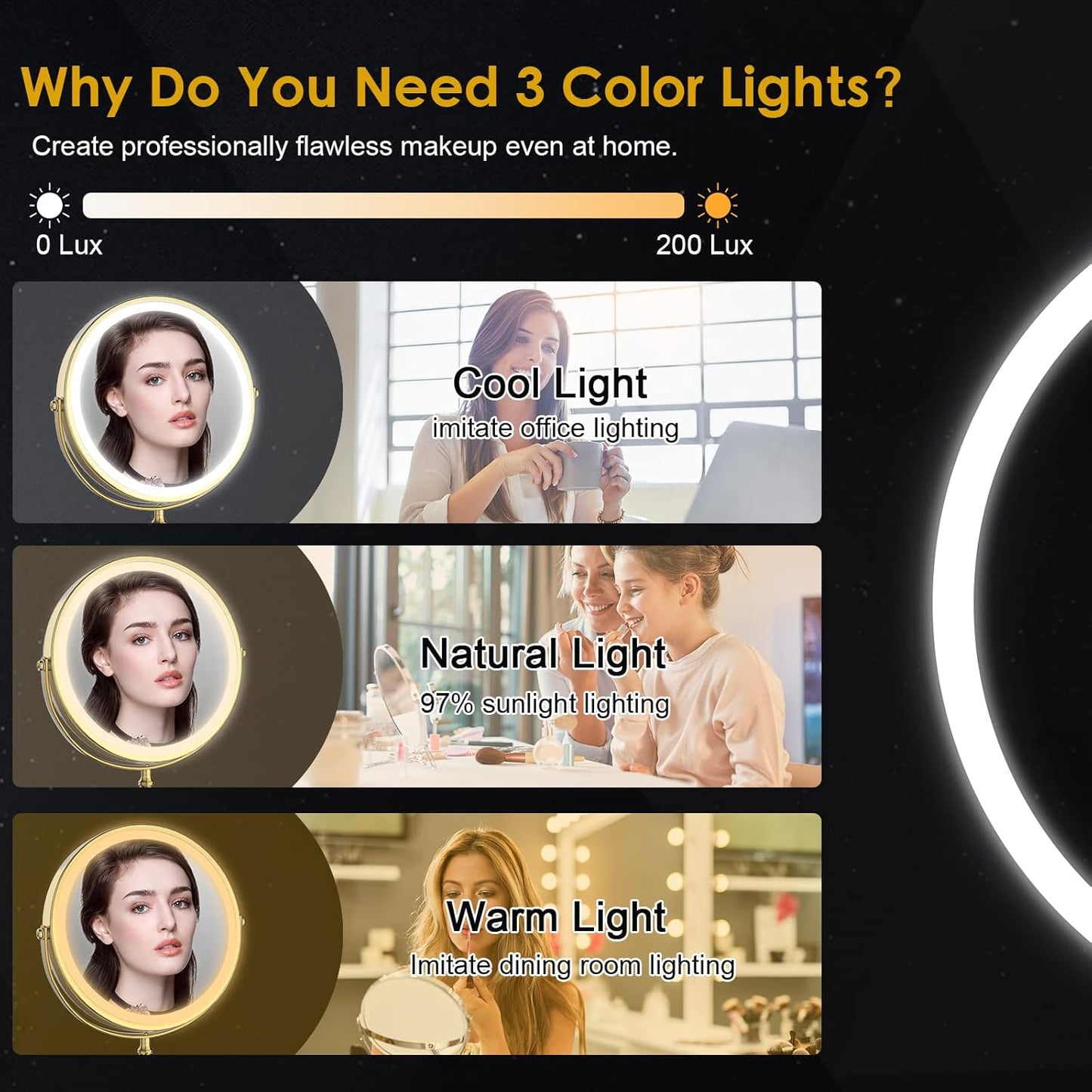 Lighted Makeup Mirror, 3000 mAh Rechargeable Double Sided Magnifying Vanity Mirror with 3 Colors, 1x/10x, 360° Rotation , Brightness Adjustable Magnification Cosmetic Light up Mirror, Women Gift