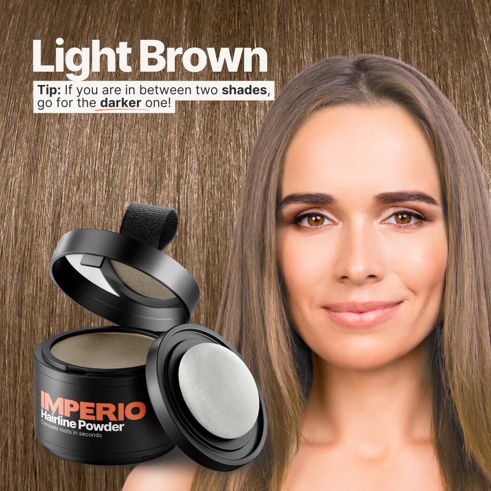 IMPERIO Root Touch Up Hair Powder for Concealing Hair Loss instantly - Hairline Powder for Women & Men - Water resistant Root Cover Up for Thinning Hair in Premium Hairdressing Quality (Light Brown)