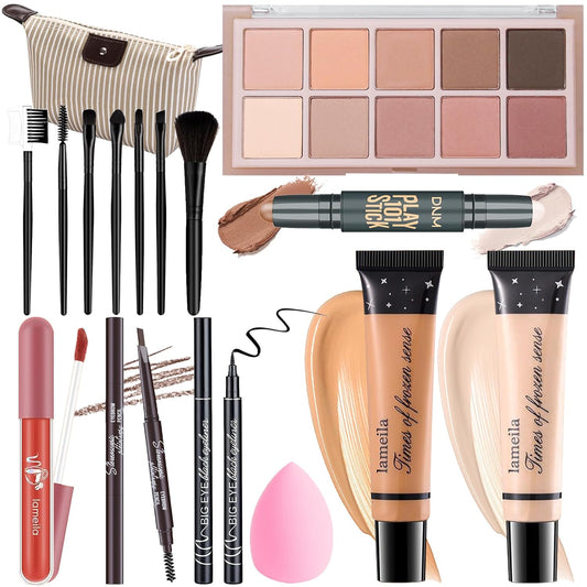 Makeup Kit For Girls Teens Women, Makeup Set, Makeup Present, Includes Eyeshadow Palette, Foundation, Eyebrow Pencil, Eyeliner, Lip Gloss, Counter Stick, Makeup Brush Set Bag & Sponge