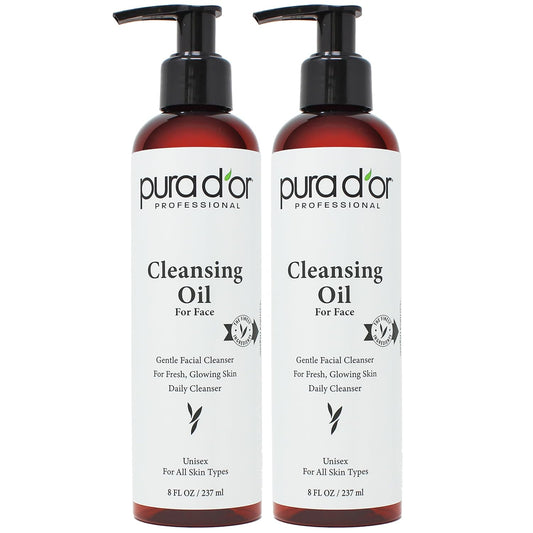 PURA D'OR Facial Cleansing Oil (8 Oz x2 = 16 Oz) Nourishing Botanical Blend with & Vitamin, Jojoba and Sunflower Oil - Gentle Makeup Remover & Deep Cleanser For Healthy, Glowing Skin - Paraben-Free