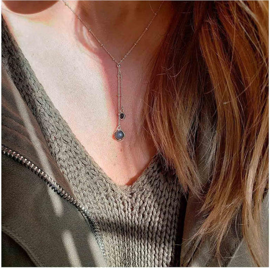 Boho Lava Stone Necklace Chain Silver Layered Chain Y Necklace Lava Bead Lariat Necklace Anxiety Essential Oil Diffuser Necklace Jewelry for Women