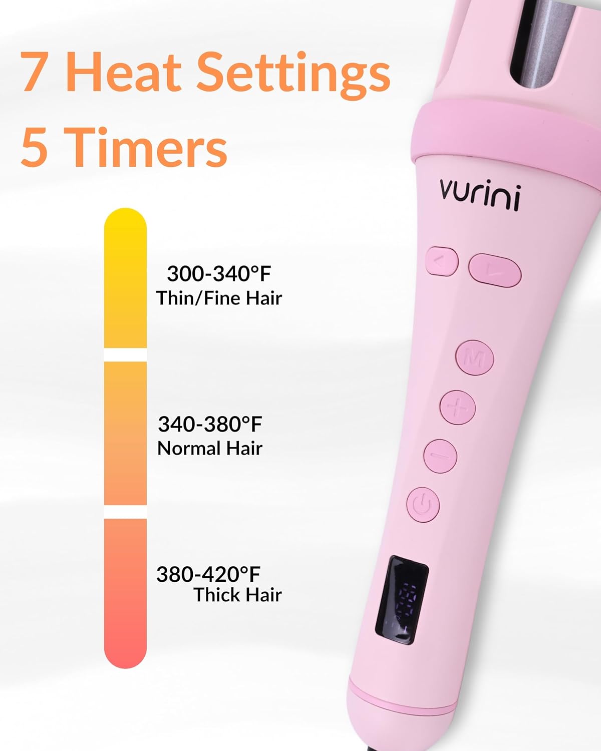 Automatic Curling Iron - 1.25" Rotating Curling Wand with 7 Temp. & 5 Timers Setting for Different Hair Types, Safe Auto Shut-Off, Easy to Use Hair Curler for Long Lasting Waves (Pink)