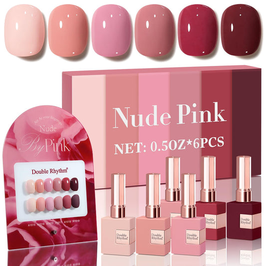 Double Rhythm 6 Pcs 15 ML Gel Polish Set Same Color Same Bottle Soak Off Gel Polish Kit Nail Art Manicure Salon DIY at Home for Women (Burgundy Red Nude Pink Purple Beige-T6-3)
