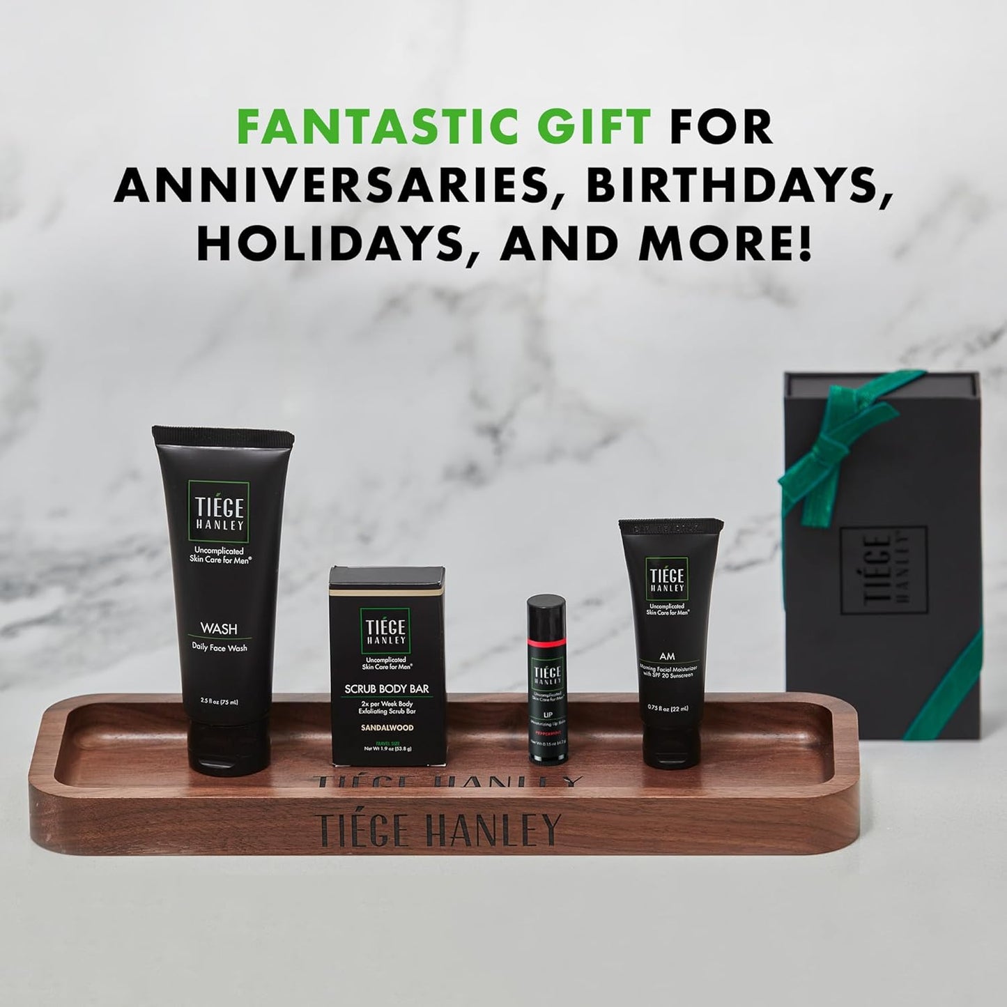 Tiege Hanley Mens Skin Care Gift Box Set, Bronze - Men's Skincare Set Includes Face Wash, Facial Moisturizer with SPF 20 Sunscreen, Body Exfoliating Scrub Bar, & Moisturizing Lip Balm