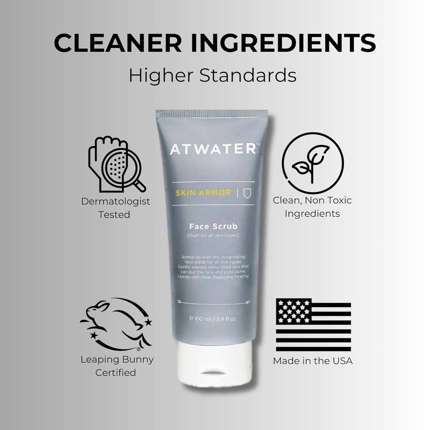 ATWATER Skin Armor Exfoliating Face Scrub, Men's Facial Cleanser with Jojoba Beads and Salicylic Acid, Non-Abrasive Skin Exfoliator for All Skin Types - 3.4 oz