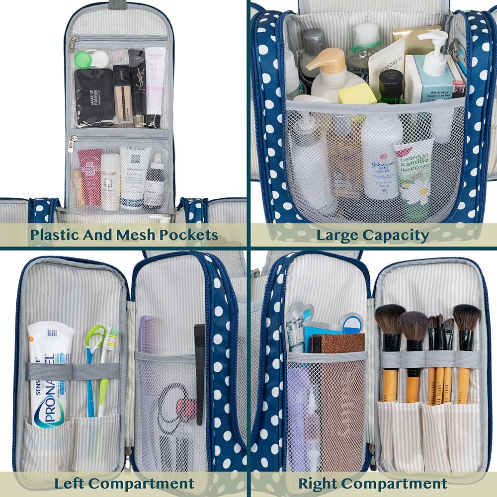 PAVILIA Extra Large Toiletry Bag Travel Bag for Women Men, Hanging Cosmetic Organizer, Water Resistant Makeup Bag for Accessories Toiletries, Travel Essentials Kit (Navy Polka Dot)
