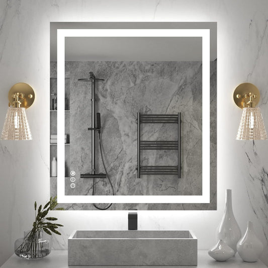 Amorho LED Bathroom Mirror 36''x32'' with Front Light and Backlit, Stepless Dimmable Wall Mirrors with Anti-Fog, Shatter-Proof, Memory, 3 Colors, Double LED Vanity Mirror (Horizontal/Vertical)