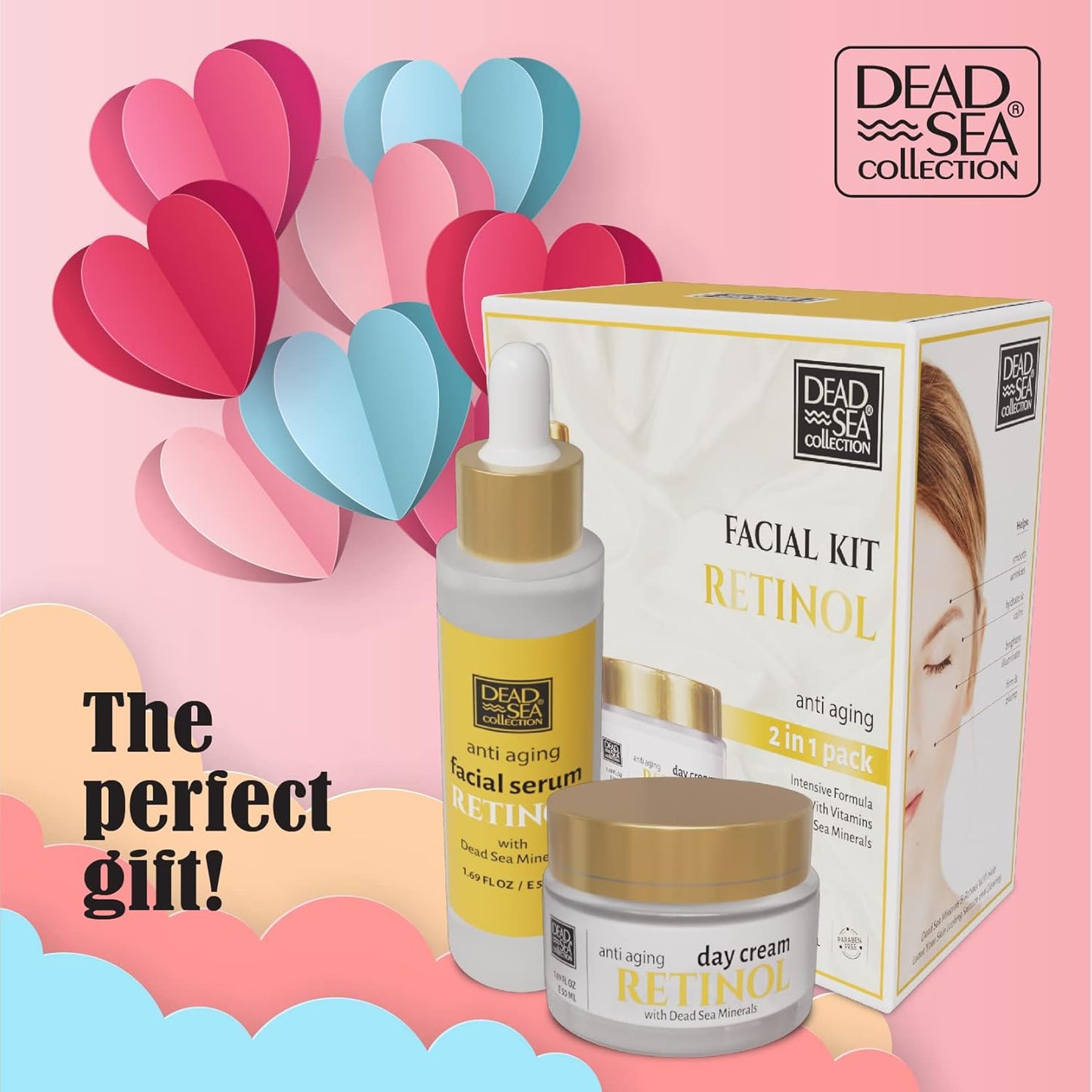 Dead Sea Collection Facial Kit Retinol - Day Cream (1.69fl.oz/50ml jar) & Facial Serum (1.69fl.oz/50ml bottle) - Pure Dead Sea Minerals - Anti-Wrinkle Hydration Smooth and Moisturized Skin