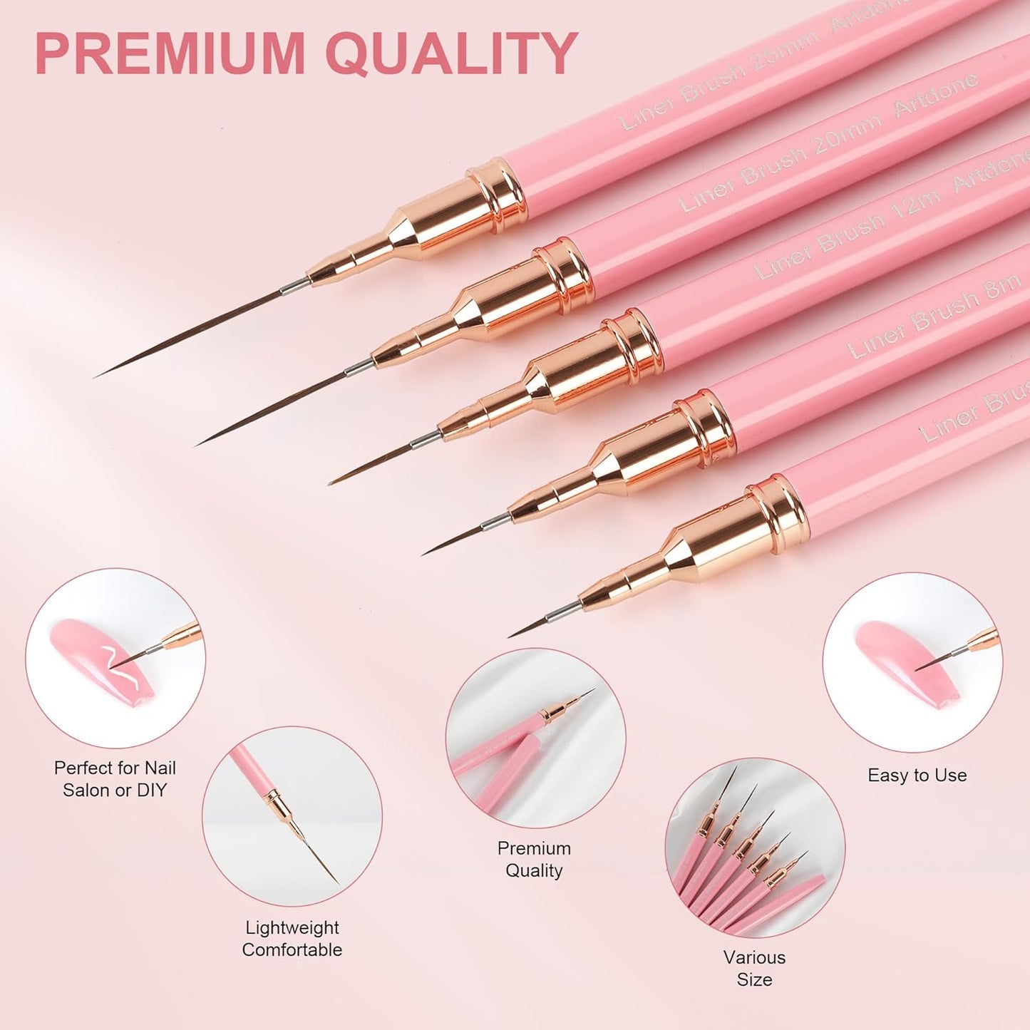 Artdone Metallic Nail Art Pens, Liner Brushes Set, 5PCS Pink Color Nail Tools For Long Lines, Thin Details, Fine Drawing, Liner Brush UV Gel Polish Painting Nail Design Sizes 5/8/12/20/25mm