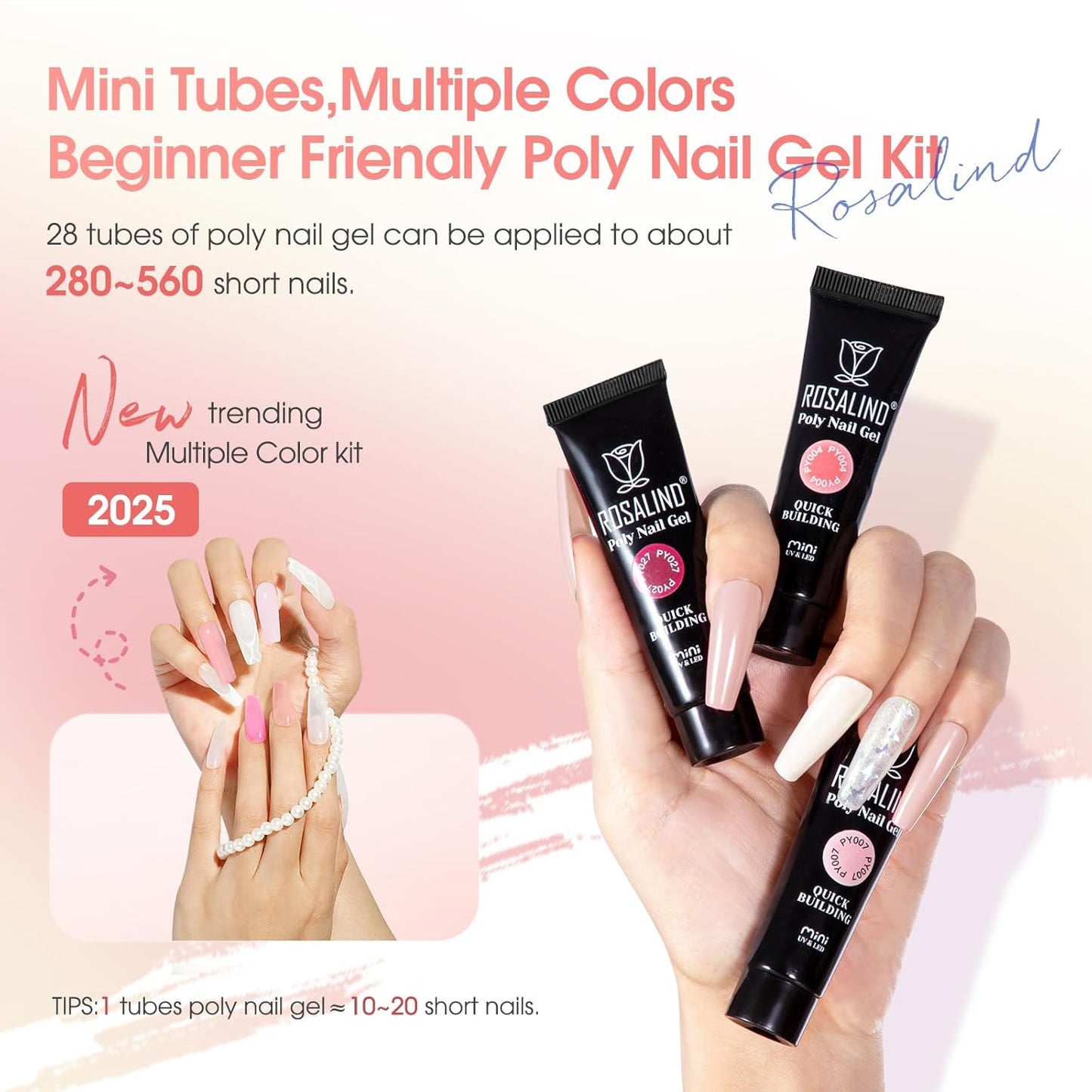 ROSALIND 28 Colors Poly Nail Gel Kit with Mini U V/LED Lamp White Nude Poly Nails Gel Kit Starter Kits With Slip Solution Pink Extensions Set for Nail Manicure Beginner