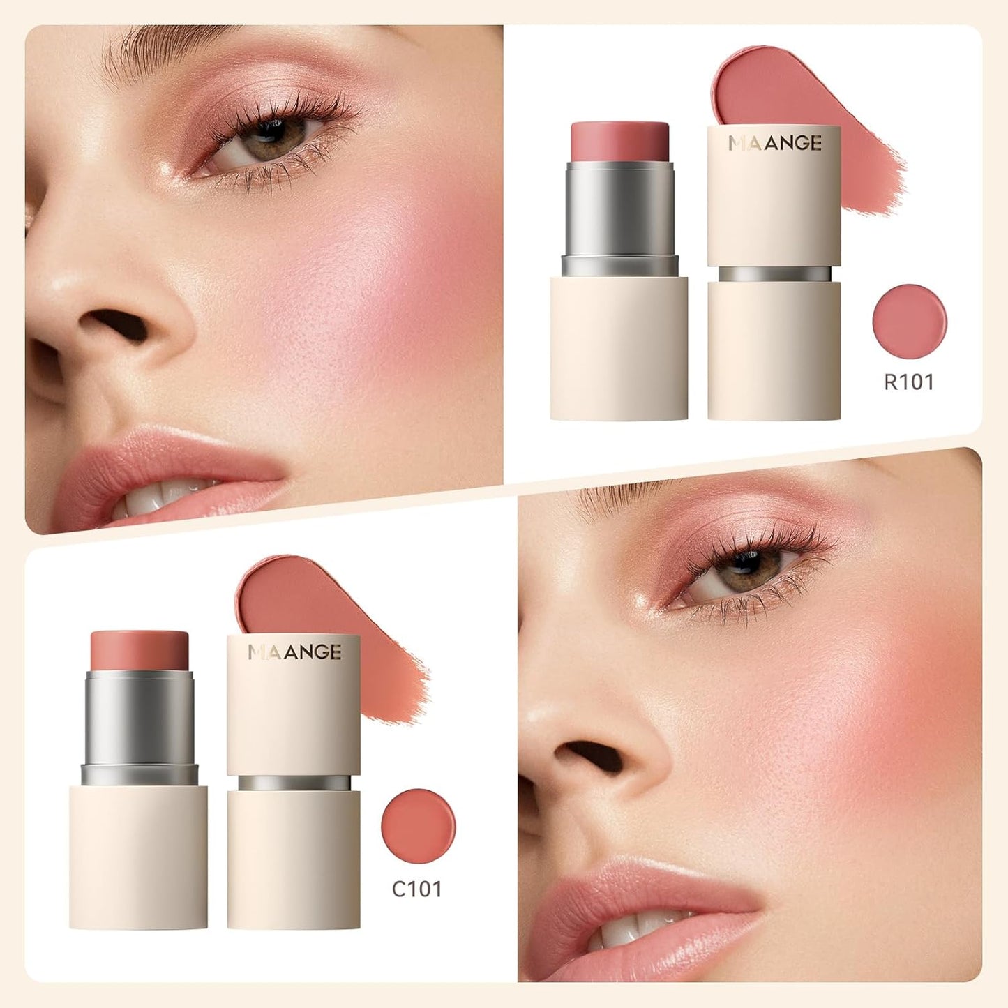 MAANGE Multi-Use Blush Stick, All-in-One Cream Blush for Cheeks, Eyes & Lips Long-Wearing, Blendable Makeup Blush Stick, Creamy & Buildable (C101+R101)
