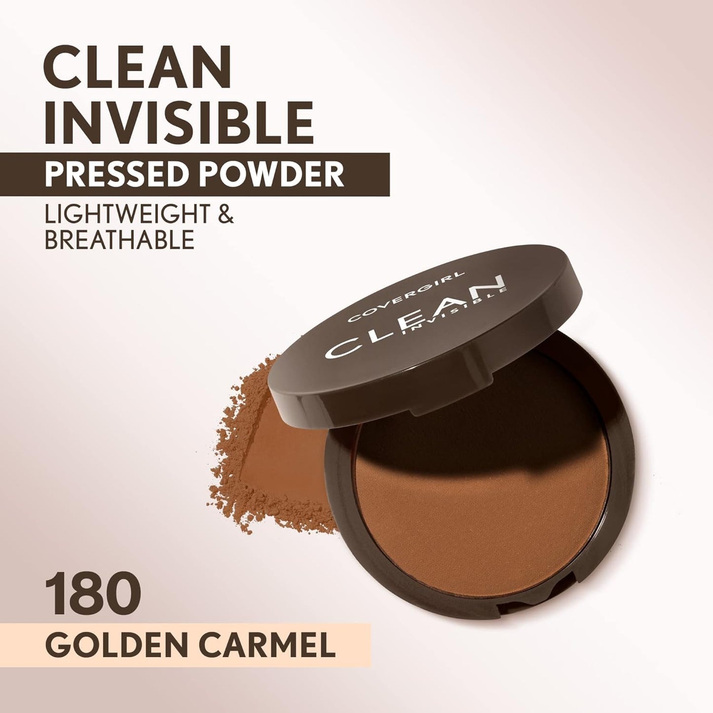 Covergirl Clean Invisible Pressed Powder, Lightweight, Breathable, Vegan Formula, Golden Caramel 180, 0.38oz