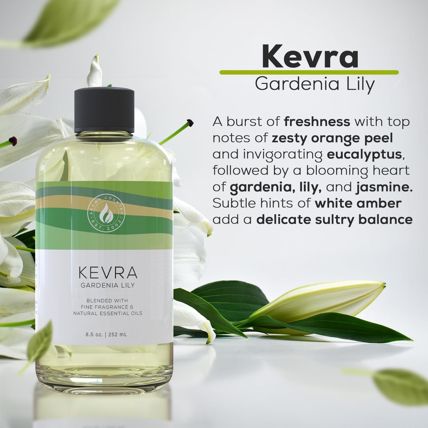 Aroma Country Kevra Diffuser Oil - Luxury Essential Oils for Diffuser Refill & Air Freshener Room Spray - Long-Lasting & Natural Home Fragrance, Garden Lily Scented Oil for Diffusers (8.5 Fl. oz)