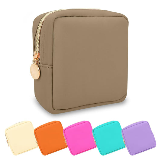 Mini Makeup Pouch for Purse, Small Cosmetic Bag Pouch Nylon Travel Toiletry Organizers for Women Girls, Cute Zipper Pouch Coin Purse Preppy Storage Bag for School Work(Mini-Khaki)