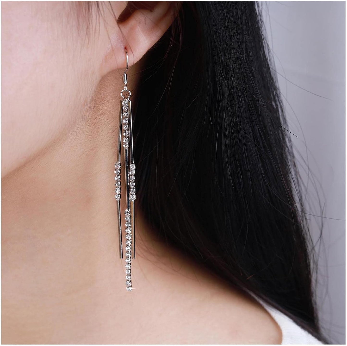 Vintage Crystal Tassel Earrings Rhinestone Bar Drop Earrings Long Rhinestone Chain Earrings Gold Cz Bar Hook Earrings Sparkle Tennis Chain Earrings Jewelry for Women