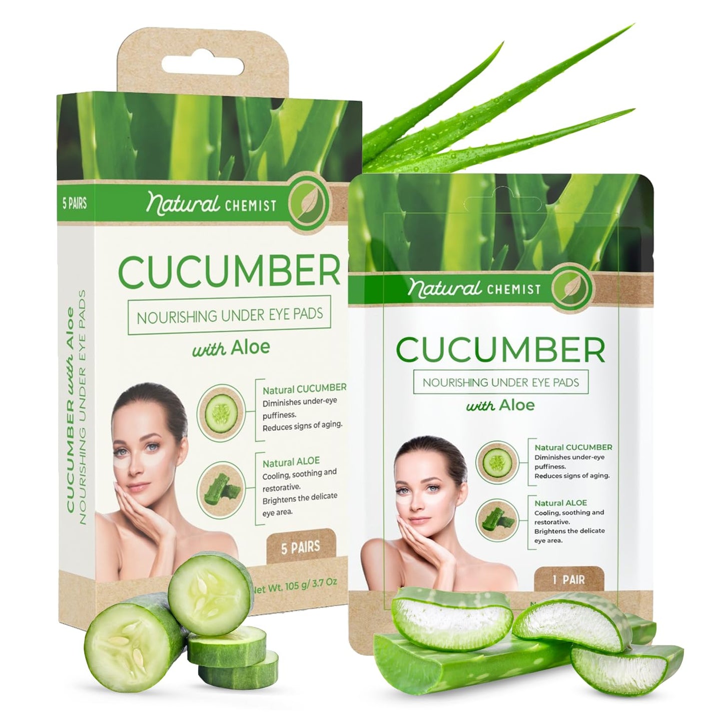 Cucumber & Aloe Under Eye Patches - Diminishes Dark Circles & Puffiness, Anti-aging, Cooling & Soothing Under Eye Pads - Cruelty Free Korean Skin Care For All Skin Types - 5 Pairs