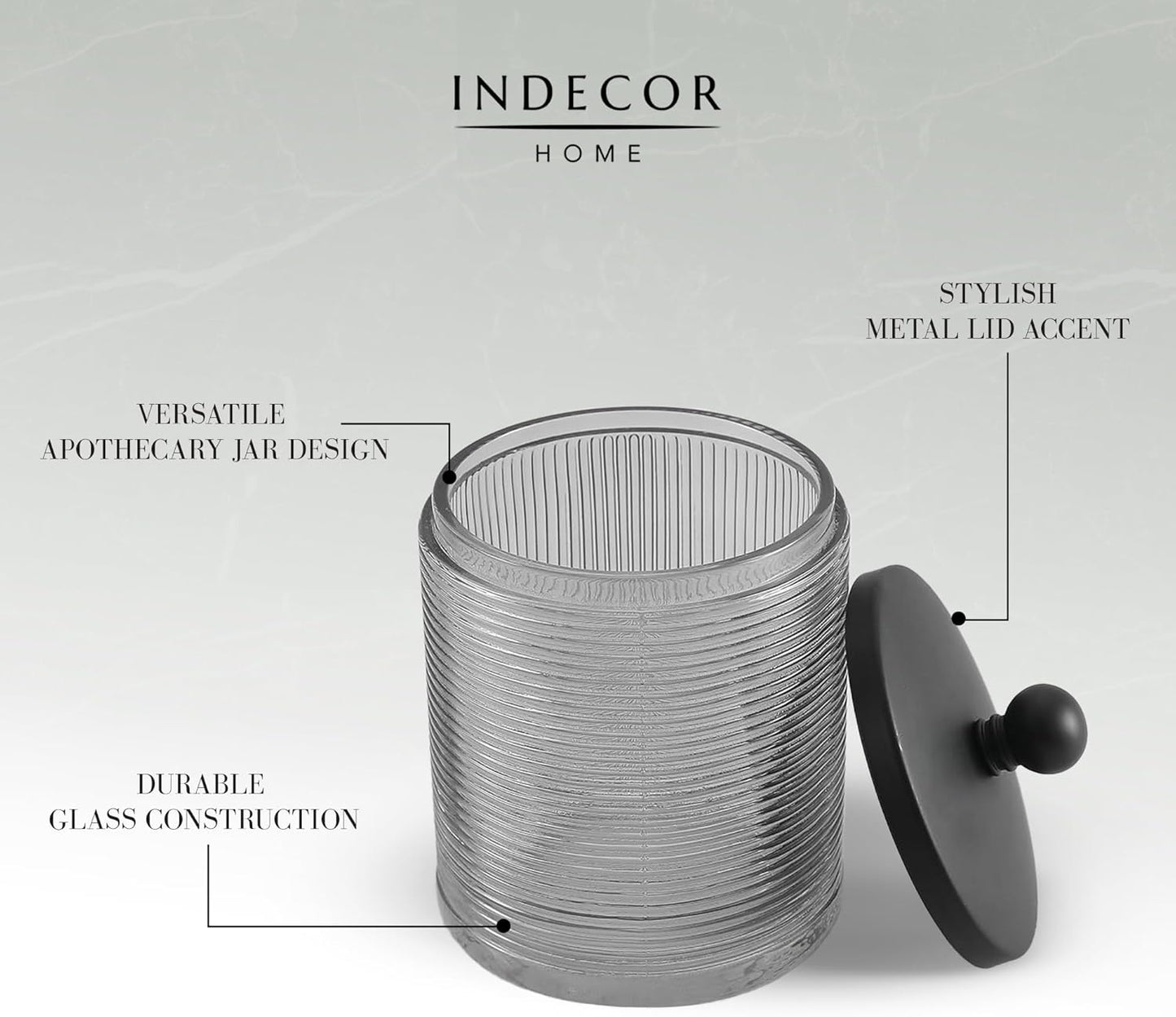 Glass Jar with Metal Lid for Bathroom Organization, Clear Apothecary Jar for Cotton Balls, Q Tips, and Small Accessories, Stylish Bathroom Storage Container Grey, Black