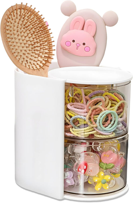 Hair Accessories Organizer with Hair Brush Holder, Rotatable Makeup Brush Holder for Necklaces, Earring, Bracelet, Ring, Makeup Brushes, Hair Clip and Hair Accessories (White, 2-Layer)