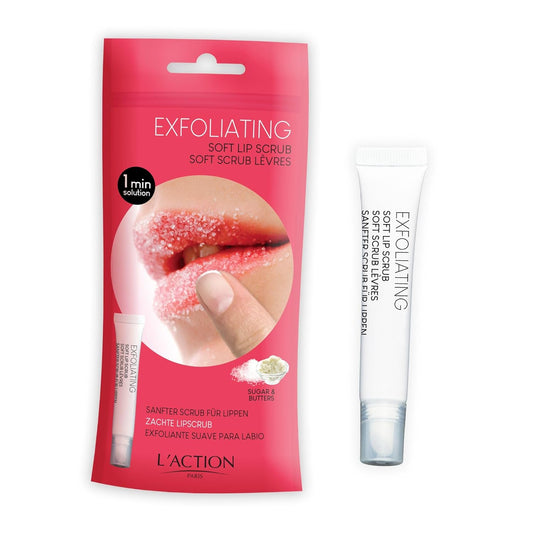 L'Action Paris Exfoliating Soft Lip Scrub, Smooth and Plumped Lips, Sugar Crystals for Gentle Exfoliation, Slanted Applicator, Soothing Shea and Mango Butter Formula 12ml