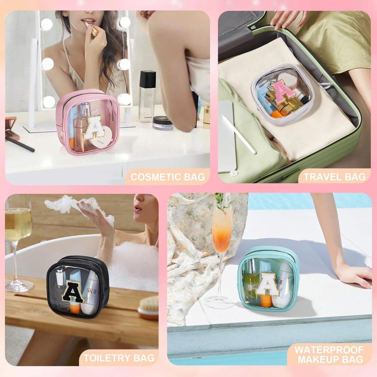 YOOLIFE Mini Initial Makeup Bag | Travel Toiletry Bag | Clear Makeup Bag | Travel Essentials Gifts for Women Teen Girlfriend Teacher Birthday Gifts | Clear Toiletry Bag Small Mini Cosmetic Bag Pink M