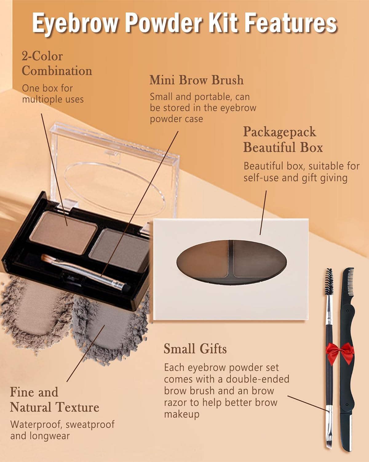 Eyebrow Powder Kit-Waterproof Two Colors Brow Powder Tinted Palette Long Lasting Up to 16H,Taupe/Brown Brow Filler Defined&Sculpt Natural Eyebrow Makeup for Sparse Brow with Brow Brush&Razor-02