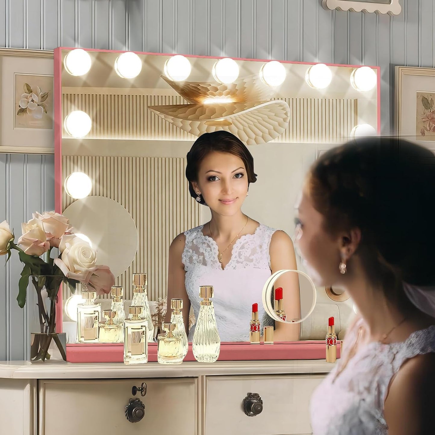 Pink Hollywood Vanity Mirror with Lights, 15 Dimmable Bulbs, 3 Color Lights,Make Up Lighted Mirror, Aluminum Metal Frame, USB Charging Port（23" x 18"）