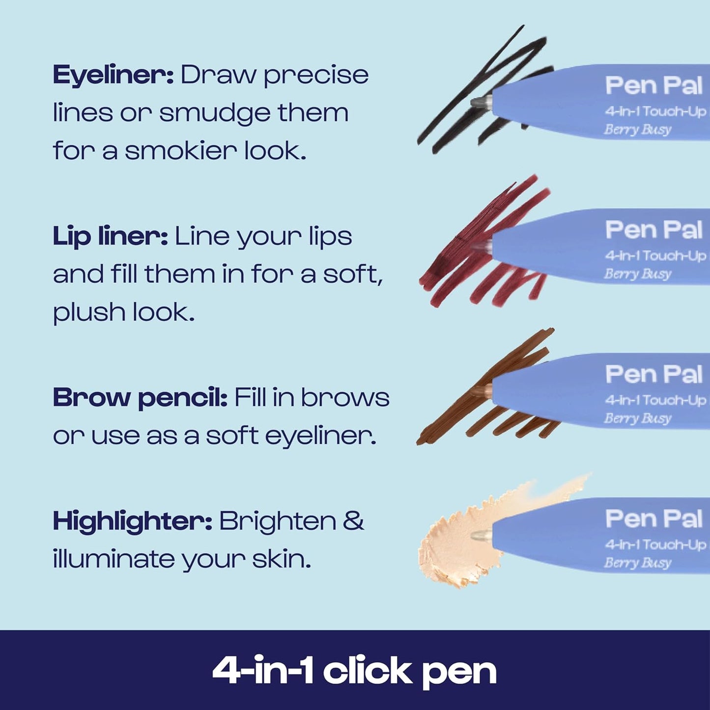 Alleyoop Pen Pal Touch-Up 4-in-1 Makeup Pen, Berry Busy (Medium - Deep) - Travel Make Up Set with Eyeliner, Brow Pencil, Highlighter & Lip Liner - High-Pigment Formula, Easy & Smooth Application