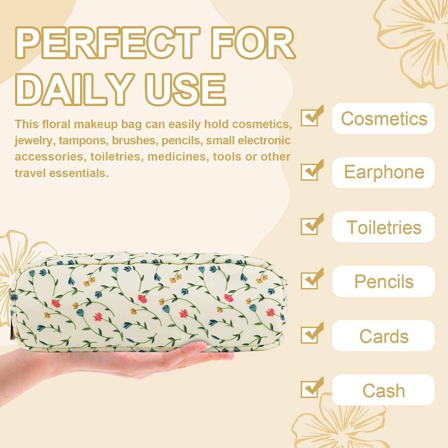 Waterproof Small Floral Pencil Case Makeup Bag for Purse,Cute Flower Pencil Pouch Preppy Nylon Makeup Brush Holder with Zipper,Girls Portable Storage Case Pen Bag for Work(Slim Light Yellow-Flowers)