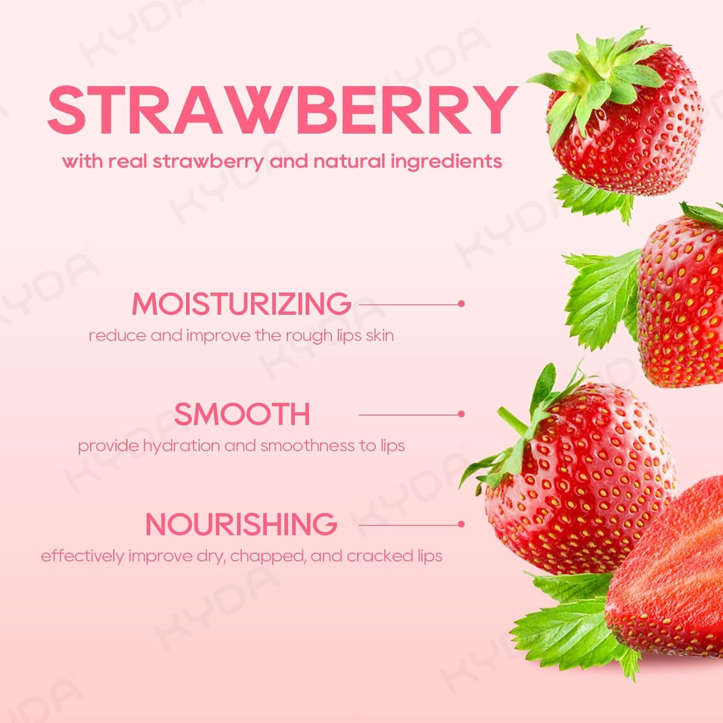 KYDA 3 Pcs Strawberry Moisturizing Lip Balm, Deep Hydrating Tinted Lip Balm, Reduce Fine Lines, Daily Lip Moisturizer for Dry Cracked Lips, with Real Strawberry Extract