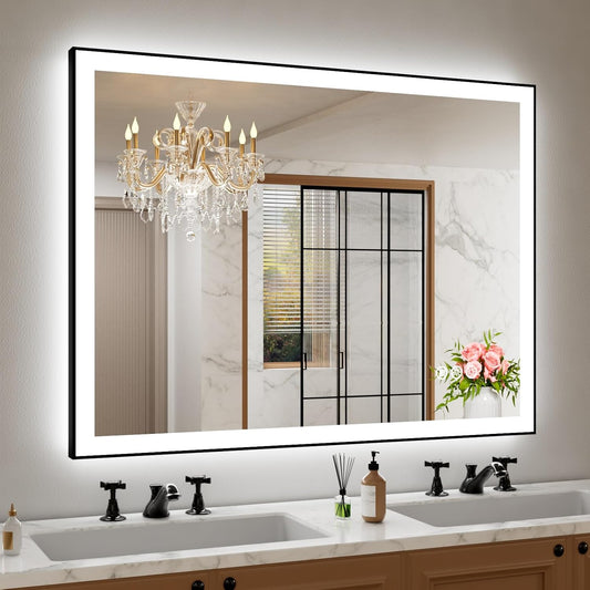 Amorho 48" X36" LED Bathroom Mirror with Black Frame, Front Light and Backlit(Controlled Separately), Stepless Dimmable, Anti-Fog, Shatter-Proof, 3 Colors, Memory