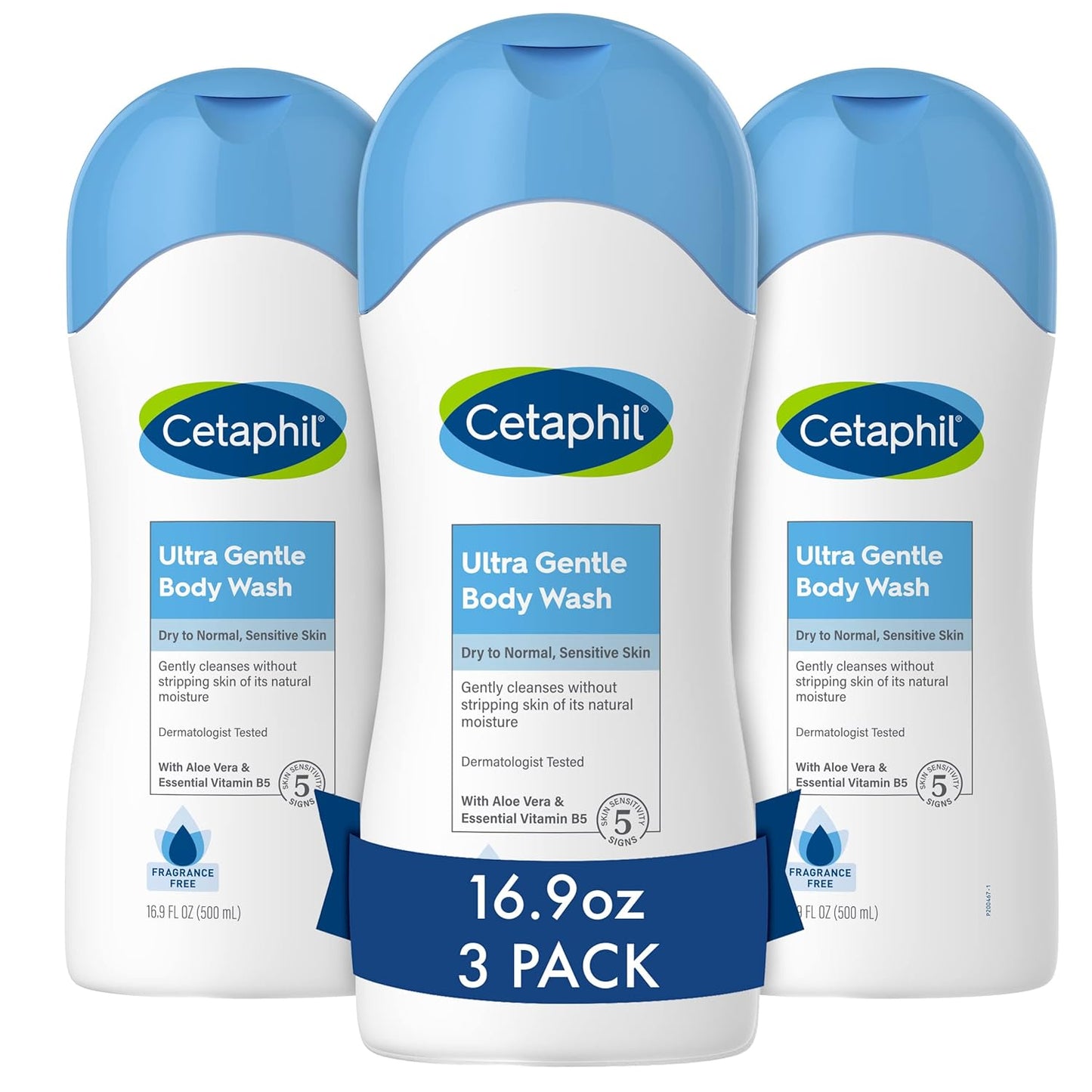 Cetaphil Ultra Gentle Refreshing Body Wash, For Dry To Normal, Sensitive Skin, Aloe Vera, Vitamin B5, Hypoallergenic, Dermatologist Tested, Fragrance Free, 16.9oz Pack of 3