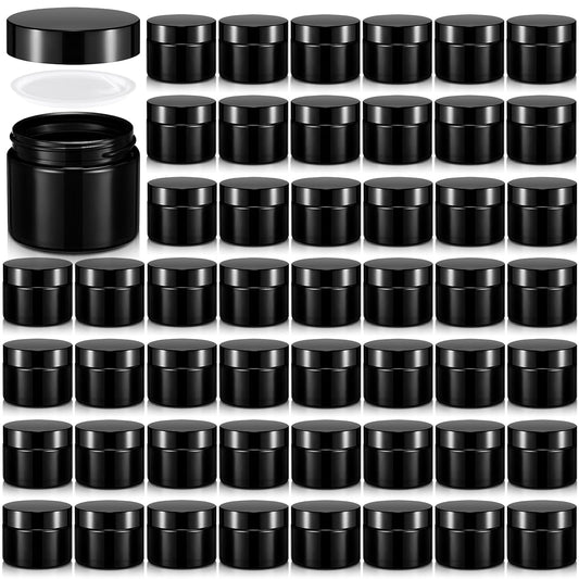 Domensi 48 Pcs 2 oz Glass Jars with Lids Travel Size Round Leakproof Empty Cosmetic Jars with Inner Liners Lid for Storing Makeup Lotions Face Cream Ointments Candle DIY Making (Black)