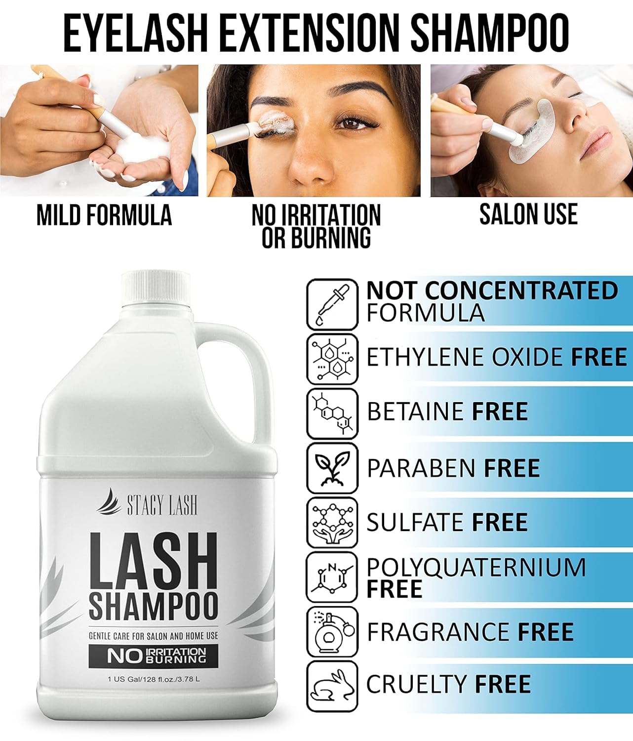 STACY LASH Eyelash Extension Shampoo 1US Gal / 128 fl.oz. / 3.78L / Eyelid Foaming Cleanser/Safe Wash for Extensions & Natural Lashes/Supplies for Professional & Home Use / 50 Aftercare Cards