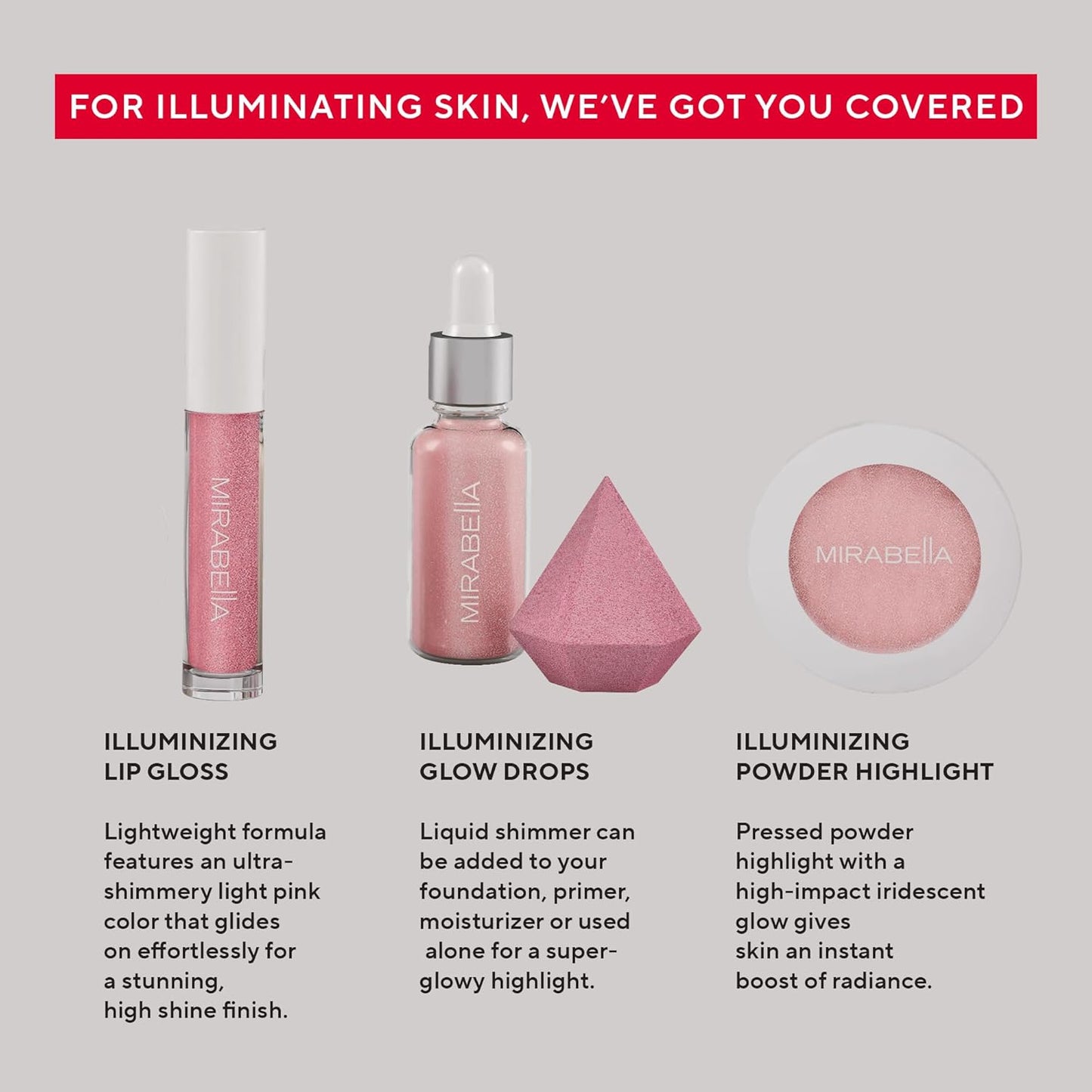 Mirabella 4-Piece Makeup Set for Women & Girls, Illuminizing Holiday Gift Set - Make-Up Set Includes Lip Gloss, Glow Drops, Powder Highlight & Blender Sponge - Talc-Free & Paraben Free Cosmetic Set