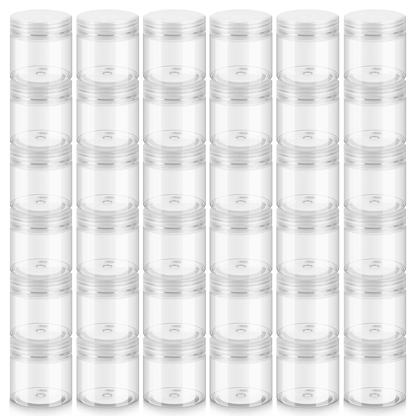 36 Pack 2 OZ Plastic Jars with Lids, BPA Free, Reusable, Refillable Transparent Cosmetic Containers for Bath Salts, Cosmetics, Powders, Beauty Product and Small Accessories - White