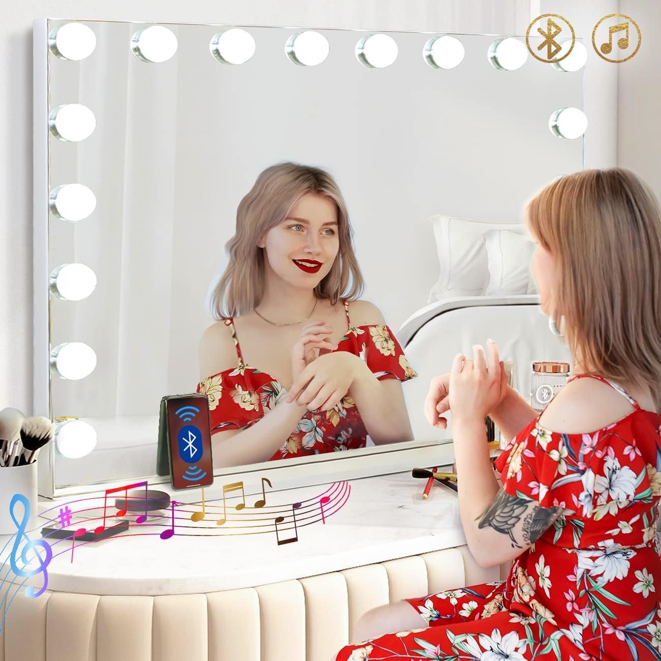 Hansong Vanity Mirror with Lights and Bluetooth Extra Large Hollywood Makeup Mirror with 18 pcs LED Bulbs Lighted Mirror with USB Charging,3 Color Lighting Modes Tabletop or Wall Mount