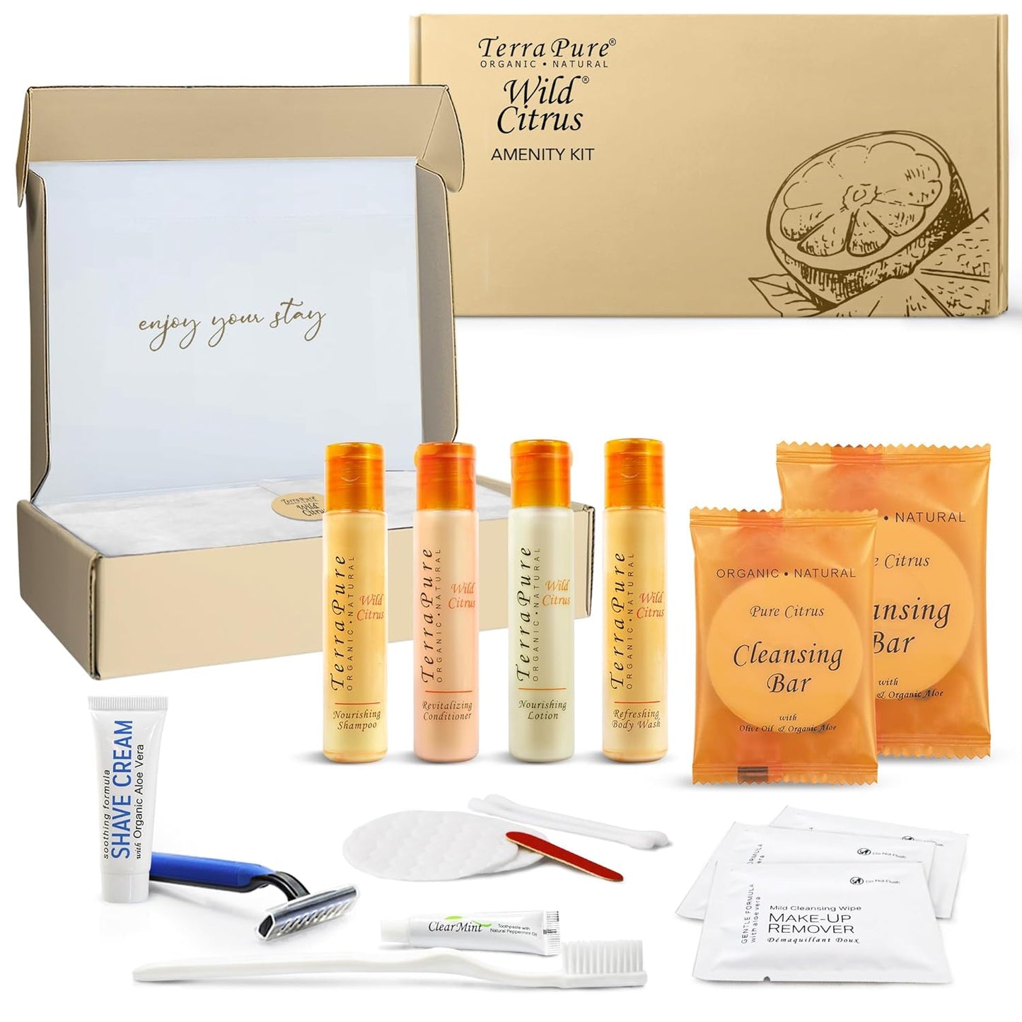 Terra Pure Amenity & Accessory Kit |1 oz Travel Size Shampoo, Conditioner, Lotion, Body Wash, 2 Cleansing Bars, Shave & Dental Sets, Make-Up Remover Wipes, & Vanity Kit | 1 set per case