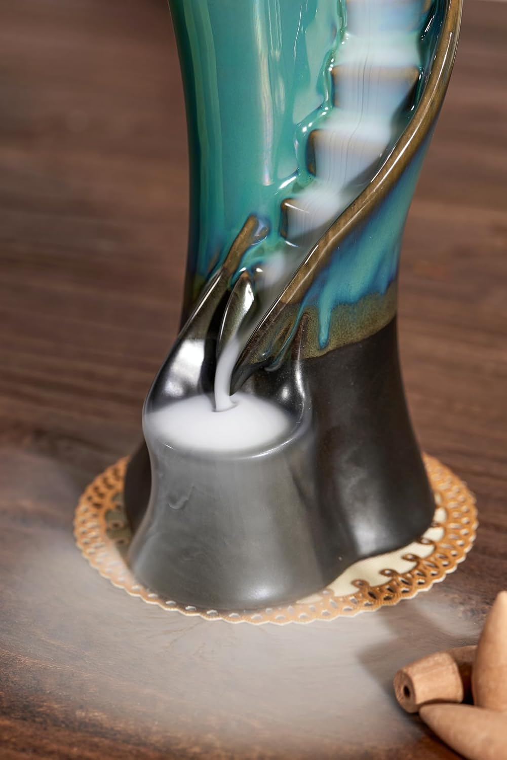 Unique Cloud Stairs Ceramic Waterfall Incense Holder, Paired with a Pack of Backflow Incense Cones. (Blue)