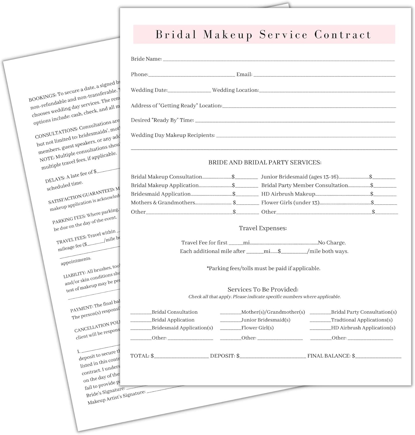 Bridal Makeup Service Contract | 100 Pack | 8.5 x 11" A1 Forms | Makeup Artist Supplies | Bridal Contract | White and Pink Forms