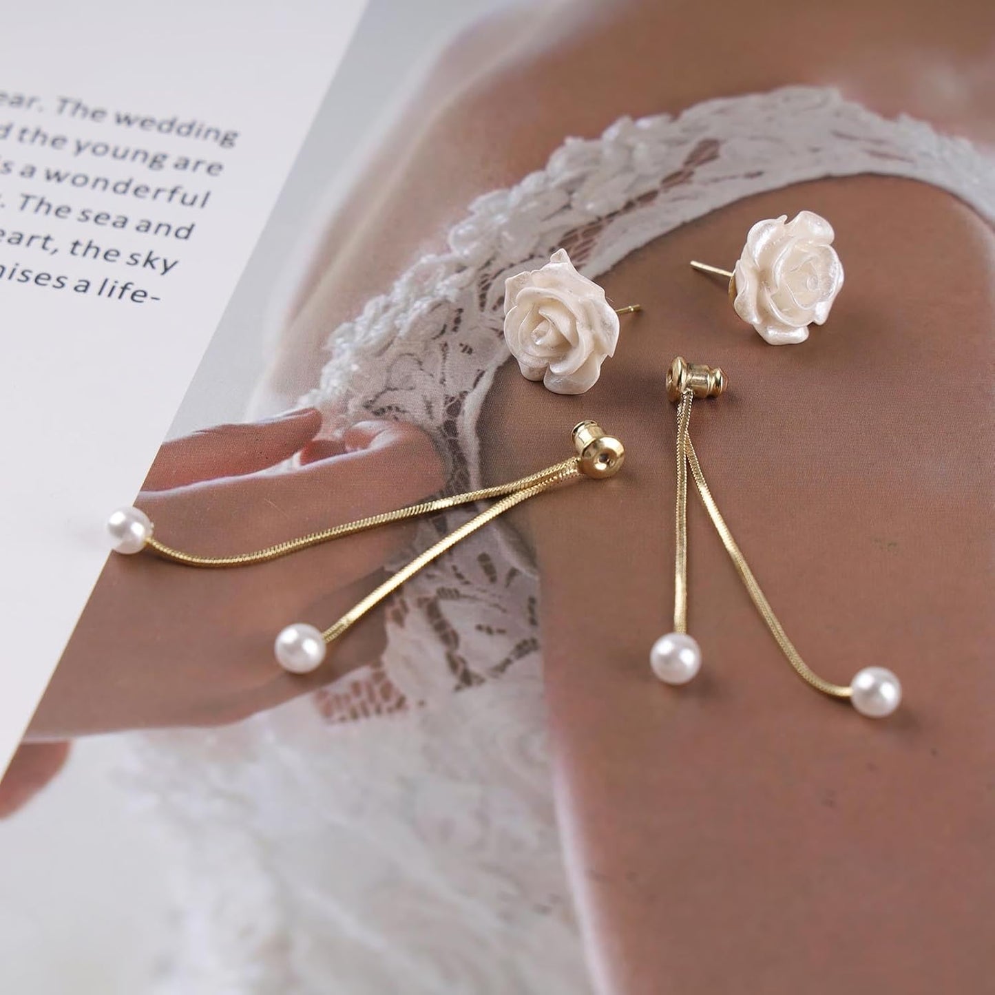 Vintage Flower Pearl Drop Earrings Long Tassel Pearl Earrings White Camellia Stud Earring Gold Pearl Chain Dangle Earrings Jewelry for Women