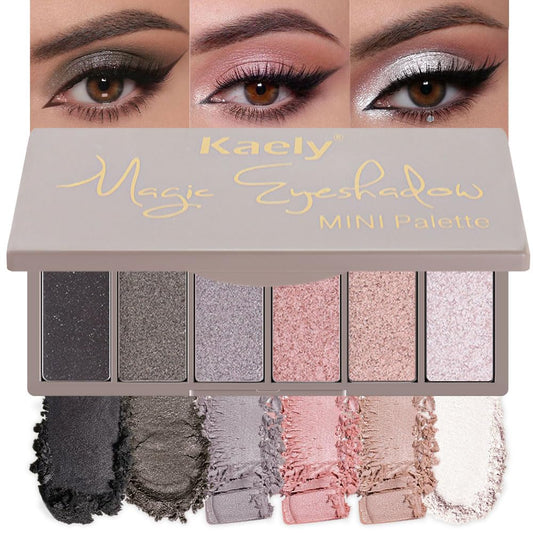 6 Colors Travel Eye Shadow Palette Makeup, Black Dark Smoky Grey Nude Pink Rose Champagne Gold Pearl White Sparkly Shimmer Glitter High Pigment Mini Eyeshadow Palette for Older Women, Built in Mirror