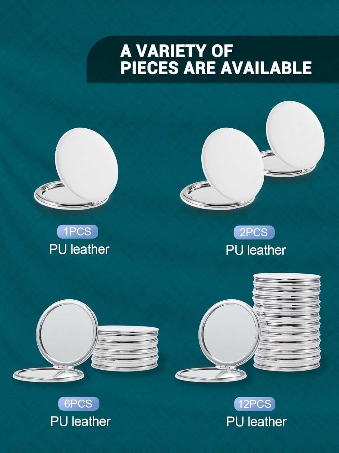 Compact Mirror Bulk, Set of 6 Round Double-Sided 1X/3X Magnification PU Leather 2.8" (White)