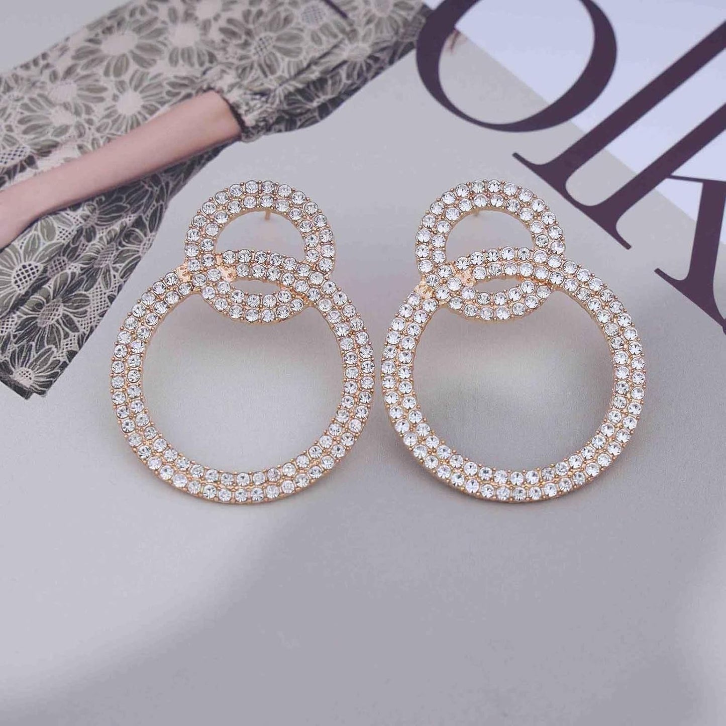 Vintage Crystal Circle Drop Earrings Double Circle Hoop Earrings Gold Cz Circle Dangle Earrings CZ Hollow Circle Earrings Jewelry for Women