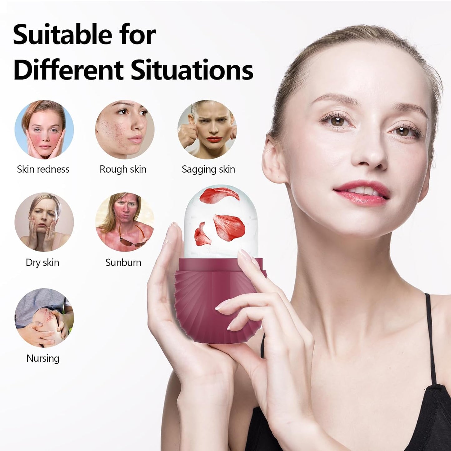 2pcs Ice Roller for Face and Eye, Silicone Ice Facial Roller Ice Holder, Face Ice Mold Skin Care, Face Icers Reusable Ice Cube Roller for Shrink Pores Anti Wrinkle Reduce Puffiness, Pink Rose